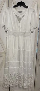 J Gee Maxi Dress Sz XL White Short Sleeve Rayon Tiered Boho Casual Summer V Neck - Picture 1 of 7