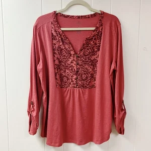 ST JOHNS BAY Womens Knit Top Artsy Casual Fall SZ XL Rust Paisley Roll Up Sleeve - Picture 1 of 8