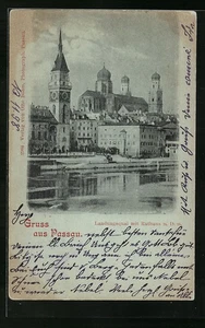 Passau, Landungsquai mit Rathaus und Dom, Ansichtskarte 1898  - Picture 1 of 2