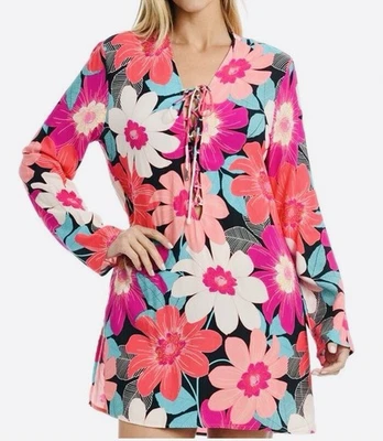 全新带标签 LA BLANCA Resortwear M In Full Bloom 系带粉色花卉束腰游泳罩 — 第 1/4 张图片