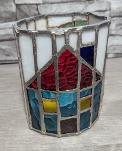 6.5x4.5" Stained Glass House Scenic Round Hurricane Pillar Candle Holder Lantern - Picture 1 of 10