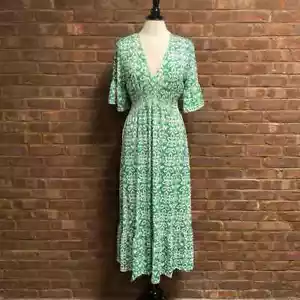 Plus Size 2XL Fit 20 22 Green Print Bohemian V-Neck Short Sleeve MIDI Dress - Picture 1 of 2