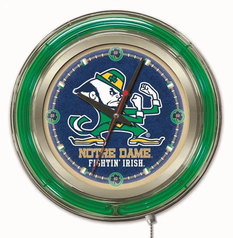 University of Notre Dame "Leprechaun" Clock w/ Double Neon Ring Cover