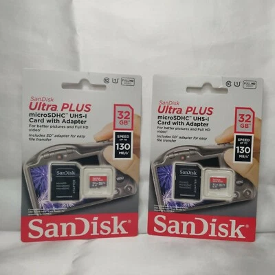 2 Sandisk Ultra Plus MicroSDHC UHS-I Cards With Adapter 32Gb~NEW, SEALED!  - Image 1 of 4