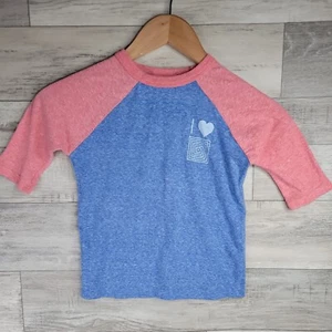 LuLaRoe Shirt Girls 4 Blue Pink Raglan Sleeve Sloan Crew Neck Shirt - Picture 1 of 6