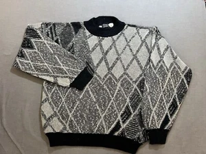 Vintage Bonwit Teller Sweater Mens Large Gray Geometric Long Sleeve Adult. - Picture 1 of 9