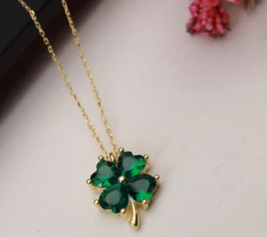 1CT Heart Lab Created Emerald 4-leaf Clover Pendant Chain 14K Yellow Gold Plated - Picture 1 of 4