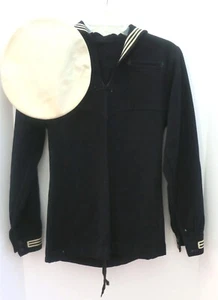 VINTAGE WWII NAVY WOOL PULLOVER JUMPER SHIRT & HAT 3 STRIPES & SHOULDER BRAID  - Picture 1 of 1