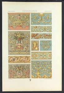 Renaissance Art Lithograph Print 1871 by Racinet ornamental design pink & gold - Picture 1 of 4