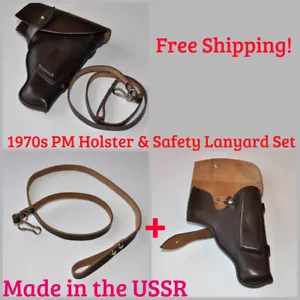 Russische UdSSR PM Makarov Holster Gürtel Leder braun & Sicherheitspistole Schlüsselband 1970er Jahre - Bild 1 von 9