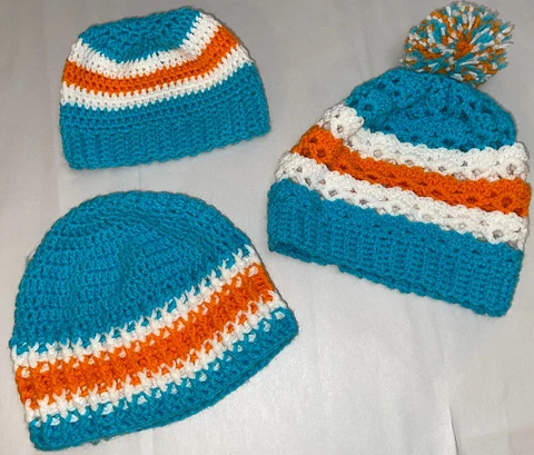 Knit Winter Pom Beanie Crochet Stocking Teal Orange White Matching Hat Cap Set Cover