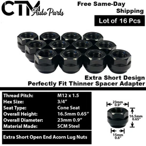 16x Black M12x1.5 Extra Short Open End Lug Nuts 3/4 Hex Fit Acura Honda Toyota - Picture 1 of 4