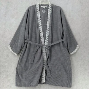 Eileen West Lightweight Robe SZ LARGE Black and White Check Lace Trim Seersucker - Picture 1 of 10