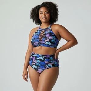 TORRID | Women’s Blue Shimmer High Neck Lattice Palm Print Bikini size 1X NEW - Picture 1 of 17