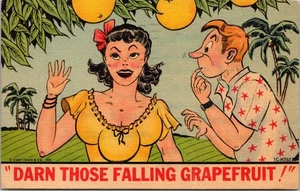 Darn Those Falling Grapefruit Woman Boobs Man 1940s Humor Linen Postcard - Picture 1 of 2