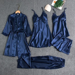 5PC Silk Womens Lace Satin Gown Set V-Neck Nighties Wear Home Nightdress Spr-qk - Picture 1 of 18