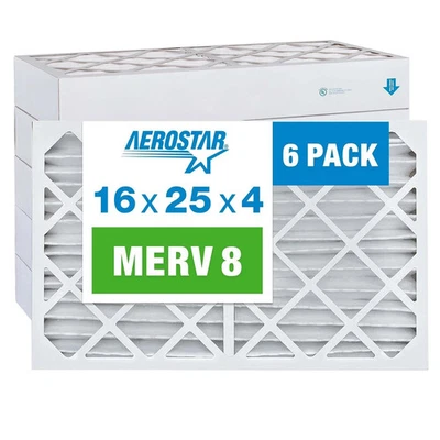 Aerostar 16x25x4 MERV 8 Pleated Air Filter AC Furnace 6 Pack Filters - Image 1 of 4