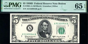 1950D $5 Boston Federal Reserve Note FRN • 1965-A • PMG 65 EPQ - Picture 1 of 2