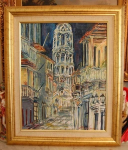 FRAMED ORIGINAL OIL VIEW OF COLONIAL TRINIDAD AT NIGHT, CUBA ARTIST: HECTO VIDAL - Picture 1 of 24