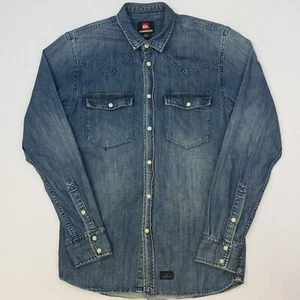 Quiksilver Western Shirt Denim Popper SMALL Blue Long Sleeve Regular No Pattern - Picture 1 of 11