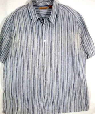 Havanera-Camisa con botones de manga corta para hombre-2XL XXL-Gris/Azul Stipes-Lino Foto 1 de 4