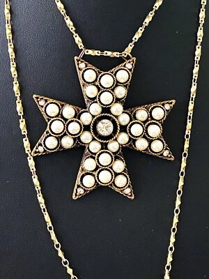 Collar Colgante Cruz Malta Grande Línea Superior CHICO 34"-38" Imitación Perla Cristal Foto 1 de 4