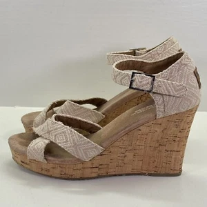 TOMS Cork Wedge Heels Cream Beige Strappy Cross Boho Sandals Women’s 8.5 - Picture 1 of 11