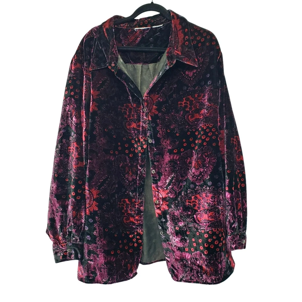 Vintage Negro Borgoña Púrpura Paisley Terciopelo Manga Larga Botón Delantero Años 90 Grunge Foto 1 de 4