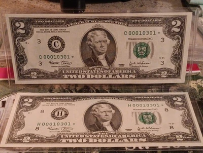 2003 Set Of 2 Dollar Bills Star Notes Duplicate Serial Numbers Low Numbers GEMS  - Image 1 of 4