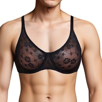 Conjunto de sutiãs de lingerie masculina sexy renda transparente sutiã roupa íntima masculina Sissy - Imagem 1 de 4