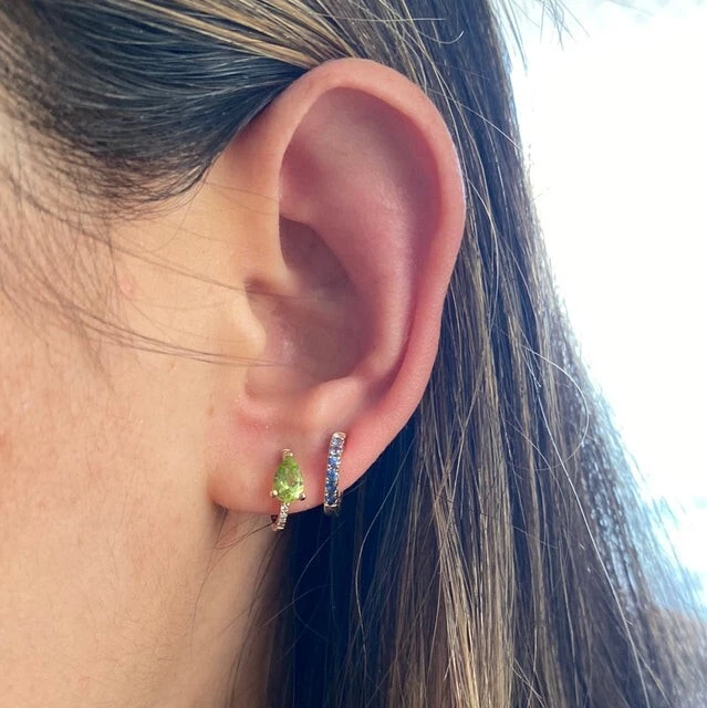 New Pear Cut Real Peridot & Natural Diamond 14K Yellow Gold Hoop Huggie Earrings - Image 1 of 4