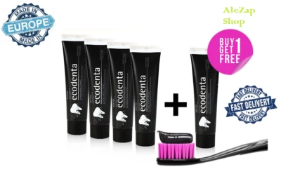 5 x Tubes Ecodenta Ecologic Charcoal Black Whitening VEGAN Toothpaste Teavigo