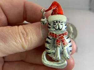 Weihnachten Katze Emaille Glocke Hänger Vintage Silber Brosche Anstecknadel V-7814* - Bild 1 von 3