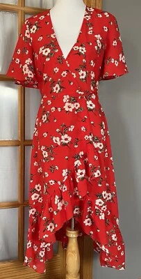 Vestido Lucy Wang Floral Envolvente Para Mujer Talla S Alto Bajo Rojo Volantes Boho Cottagecore Foto 1 de 4