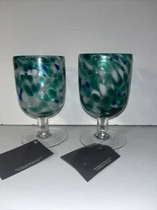 Set Of 2 New Confetti Goblet Wine Glasses Hand Blown Recycled Art Glass Mexico - Picture 1 of 6