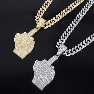 Hip Hop Iced Out Up Yours Pendant Necklace with Diamond Cuban Chain Jewerly - Picture 1 of 11