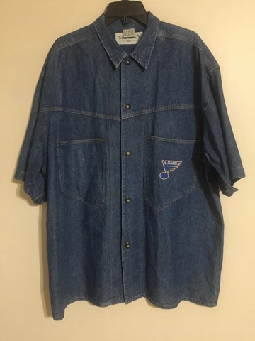 Vintage St Louis Blues NHL Code Zero Big S/S Denim Button Shirt - Men's L Big Cover