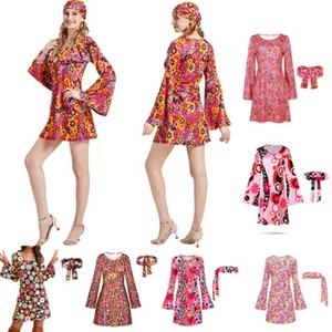 Women Ladies Hippie 60s 70s Hippy Flower Fancy Dress Adult Costume Flares Outfit - Picture 1 of 14