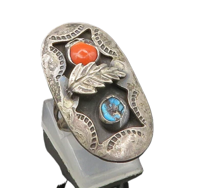 NAVAJO 925 Silver  Vintage Turquoise & Coral Feather Band Ring Sz 6  RG21738 - Image 1 of 4