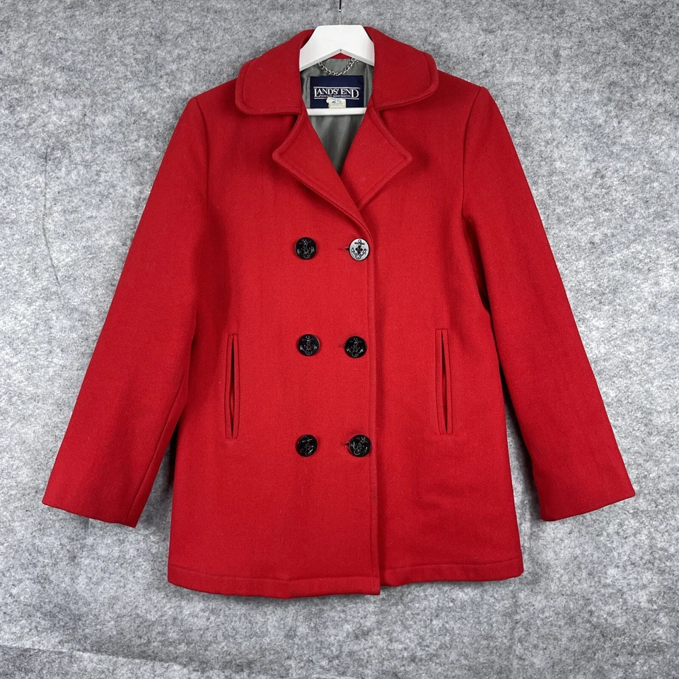 Abrigo Lands' End Mujer Talla 10 Guisante Lana Doble Pecho Rojo Ancla Botones Forrado Foto 1 de 4