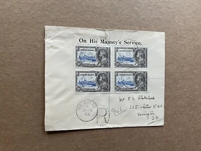 Cubierta de Sotavento Islas 1935 OHMS a EE. UU. + Frank KGV Silver Jubilee Omnibus #96 BLK4 Foto 1 de 2