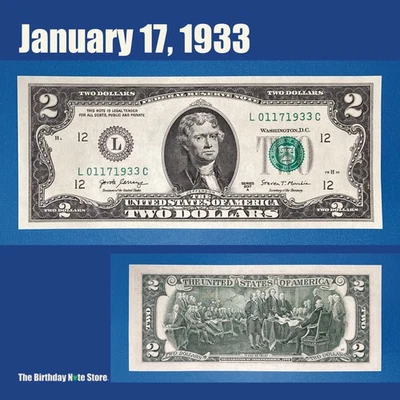 January 17, 1933 Birthday Anniversary $2 Two Dollar Bill Serial Number 01171933 - Image 1 of 2