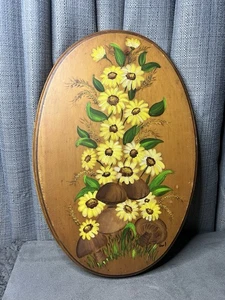 MCM Margherita Fungo Legno Dipinto a Mano Appeso a Parete Ovale Fiore Floreale Firmato - Foto 1 di 10