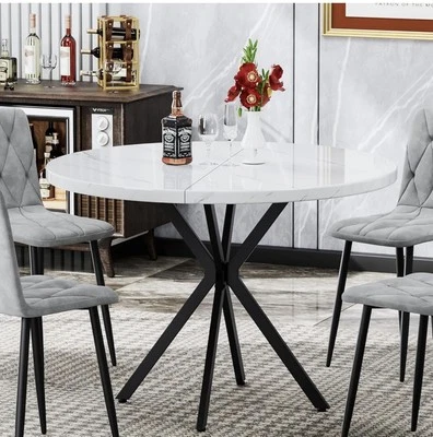 Mesa de comedor redonda blanca DKLGG, lengüeta de comedor redonda moderna de mediados de siglo. Para 4-6 por Foto 1 de 4