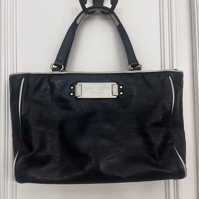 Kate Spade Tote Bag Black Leather Handbag Ladies Designer Purse w/ Cream Piping - Image 1 of 4