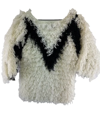 Suéter Le Chois Tejido con Flecos Mangas 3/4 Blanco Negro Vintage Pullover Mujer Med Foto 1 de 4