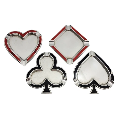 4 Vintage Art Deco Sterling Silver Enamel Playing Cards Bridge Ashtray Set Cover