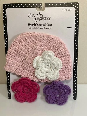全新 手工钩针帽/帽子 带花 Ella Jackson Ganz 婴儿 0-12 Mos 著 — 第 1/4 张图片