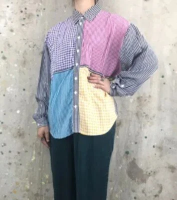 Camisa Top De Colección Años 80 Liz Wear Patchwork Estampado Mixto Rayas Coloridas Botones Mediana Foto 1 de 4