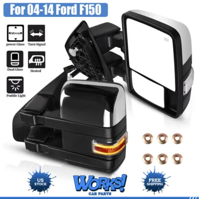 Power Heated Auxiliary Signal Puddle Tow Mirrors For 2004-2014 Ford F150 Chrome - Image 1 of 4
